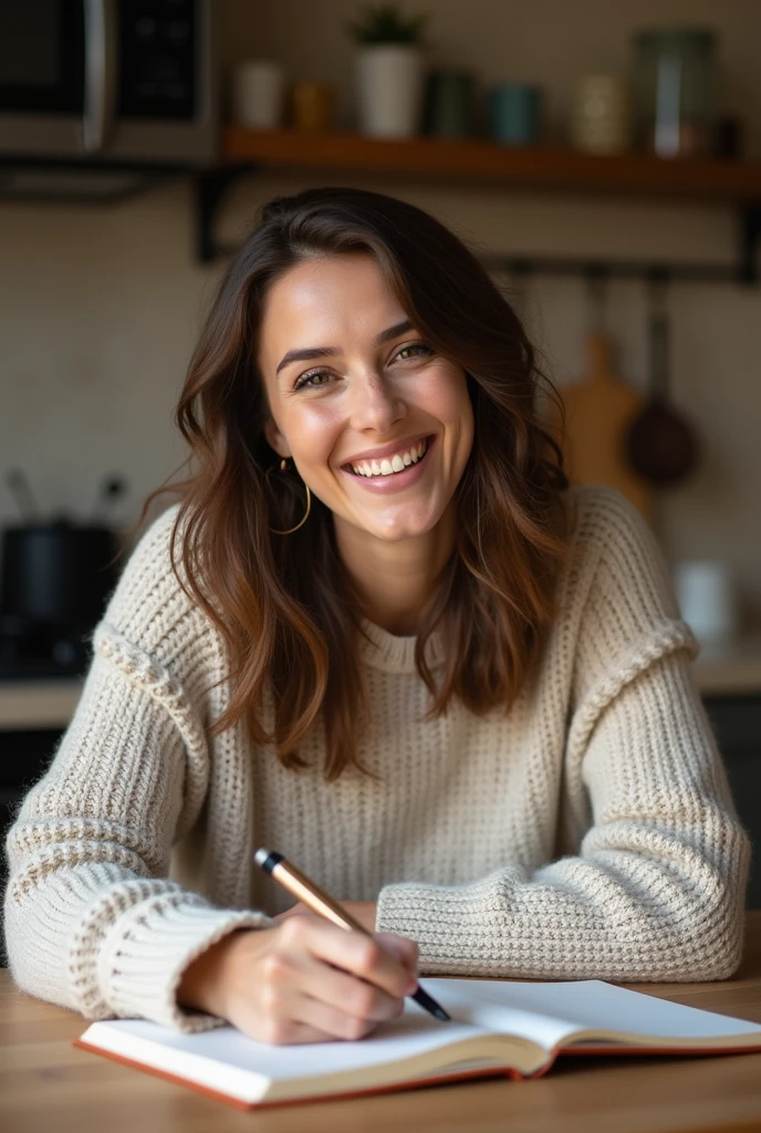 Portrait, photo, a woman writing in a notebook, brown wavy medium length hair, knitted sweater, smiling content expression, indoors kitchen, high resolution, 8k, Center Framing, woman in center, eye level shot, medium shot, front view, Natural lighting, Warm Colors