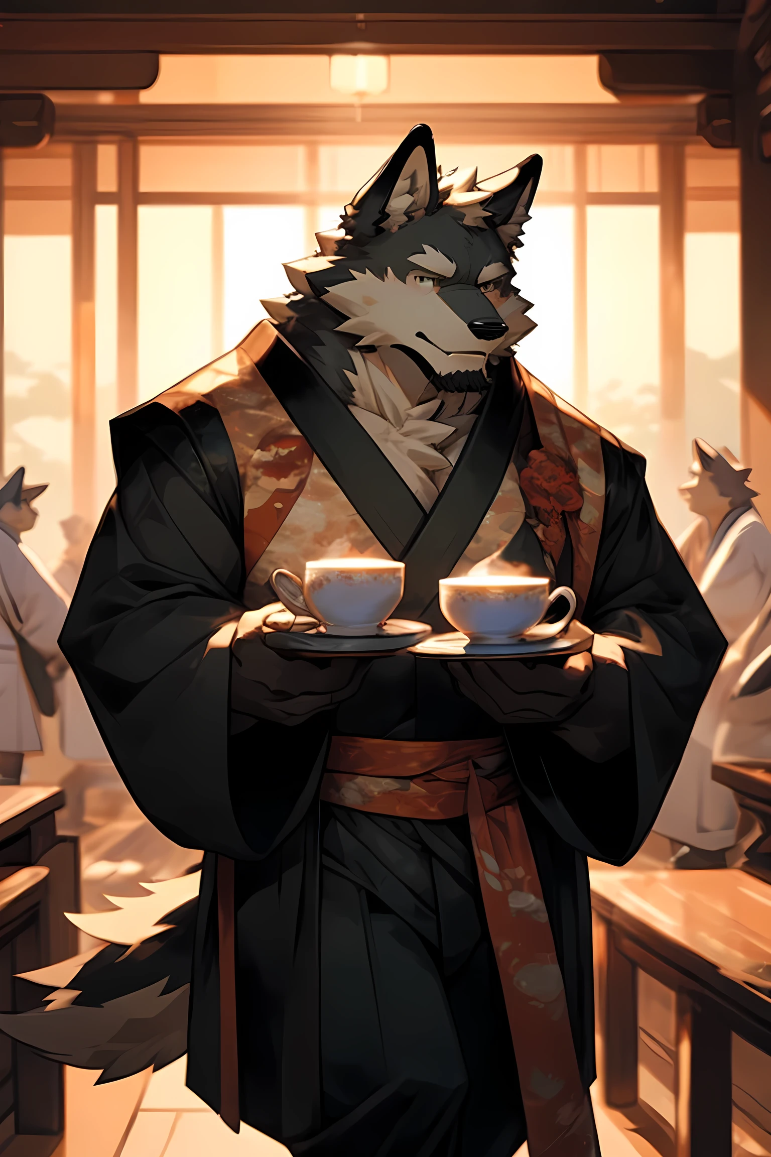 best quality，8k，The clearest，Highest resolution，Male gray wolf［Son：0.6］，There is a little black beard on the chin，ExpressionDrunk［Drunk：0.7］，Body［robust：0.6］，Wearing Dark green Hanfu［Dark green Hanfu；0.8］，Wearing Black Hanfu trousers［Black Hanfu trousers：0.9］，Drunk，in the room，Sit on a wooden bench，Holding a teacup in hand，Get closer to the shot