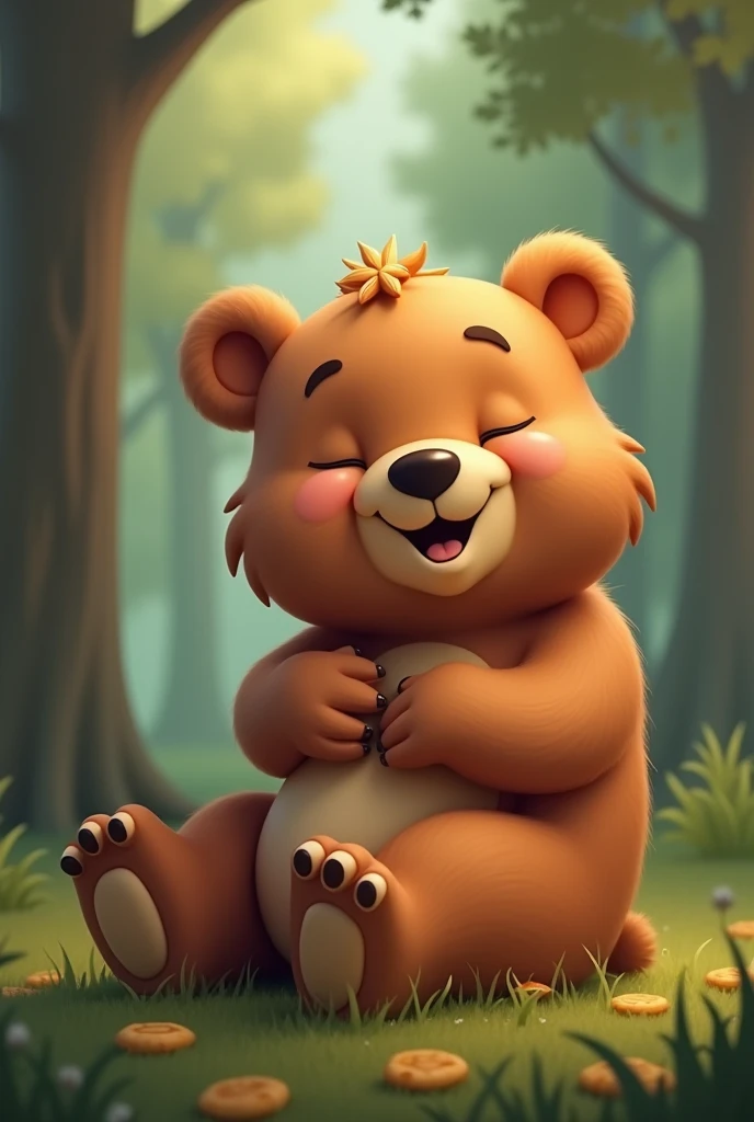 Animated cute baby bear smiling with his mouth closed and sleeping on his back in the forest with his eyes closed