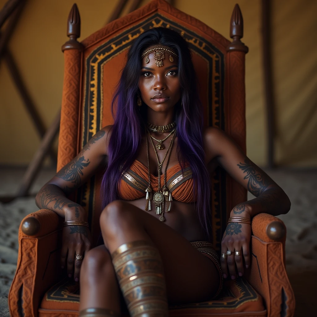 Dark skin woman, dark purple hair, gold eyes, tribal chief, tattoos, tribal clothing, in grand tent, sitting on throne, legs crossed, looking at viewer