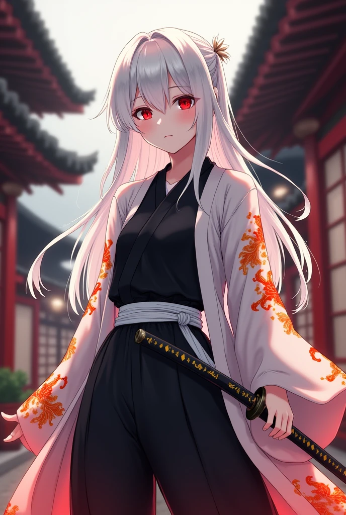 white long hair, red eyes, anime girl, black hakama pants, black shirt uniform, white modern belt, white long sleeve haori with fire patterns, katana on the hips, medium size chest, traditional Japanese background