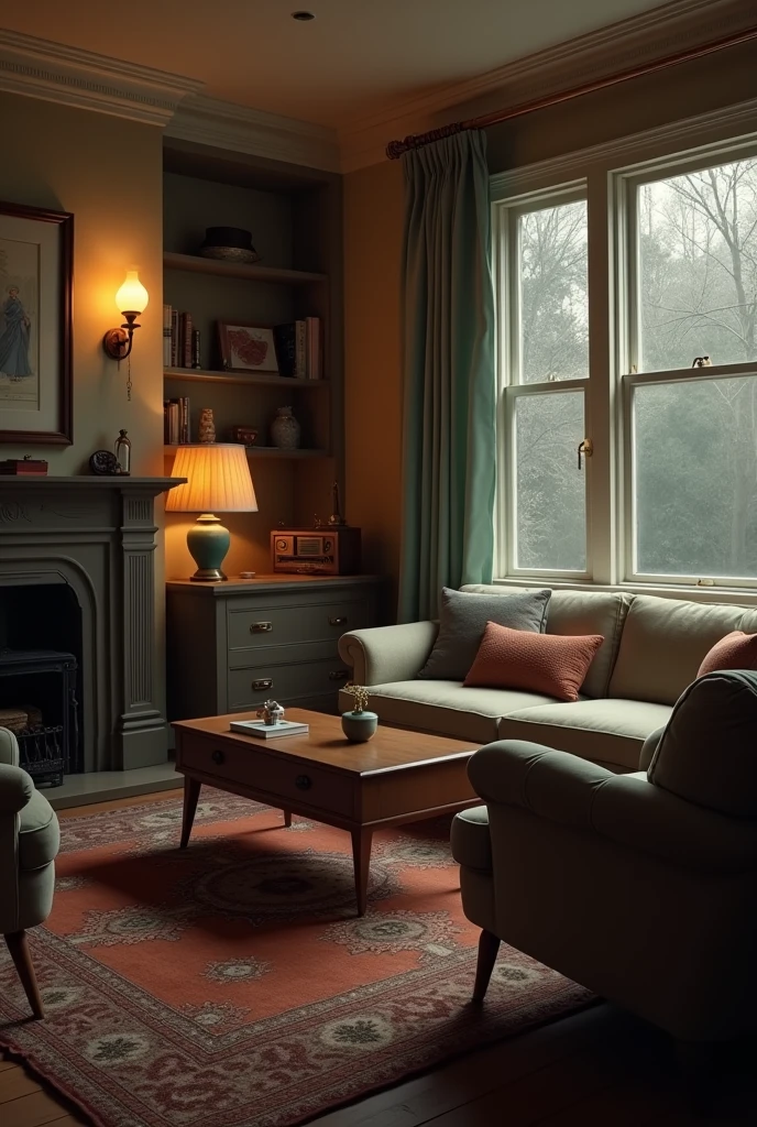 Create the interior of a 1950s home, photography realistic, without any people and dark.
