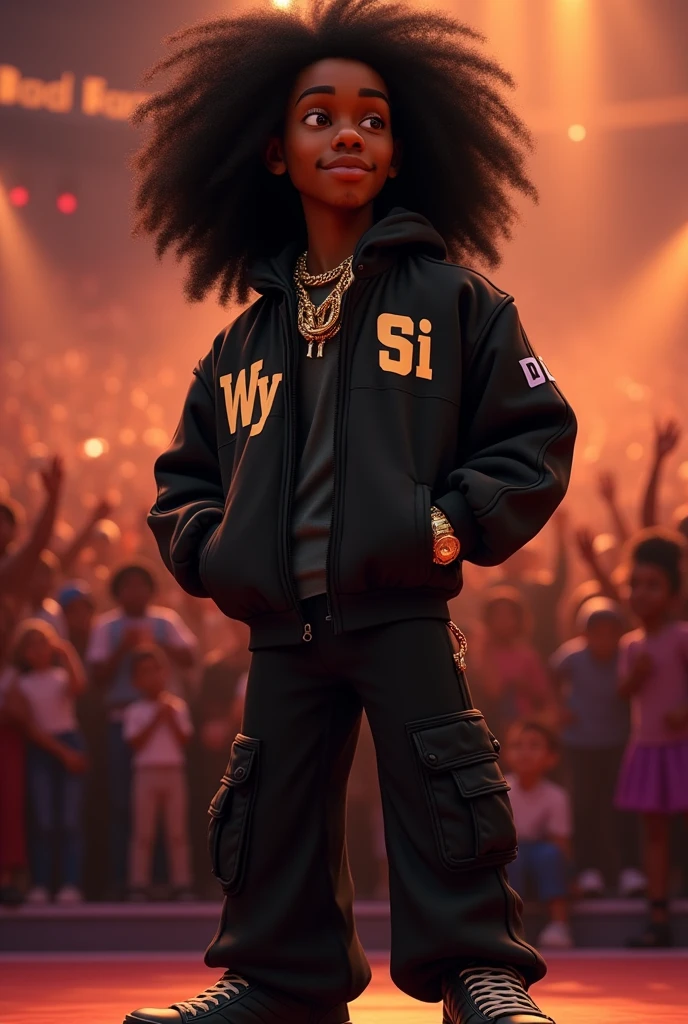 Disney Pixar (YOUNG BLACK MAN WITH LONG, CURLY BLACK HAIR) He is performing in a big show with a big crowd, in a black sports jacket with Wy Strong Sil writing, black wide pants with lots of pockets, black sneakers, many thick gold threads around the neck, gold watch on wrist, ( It doesn't change the appearance of the face and the hair is already perfect) pixar, cool and stylish