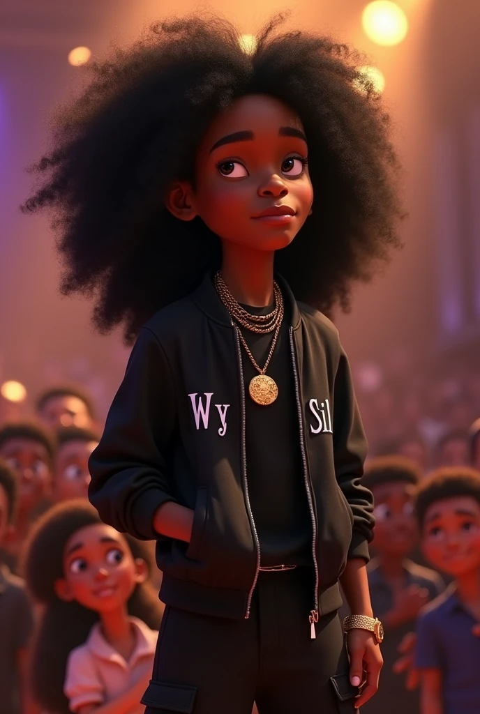 Disney Pixar (YOUNG BLACK MAN WITH LONG, CURLY BLACK HAIR) He is performing in a big show with a big crowd, in a black sports jacket with Wy Strong Sil writing, black wide pants with lots of pockets, black sneakers, many thick gold threads around the neck, gold watch on wrist,  ( It doesn&#39;t change the appearance of the face and the hair is already perfect) pixar, cool and stylish