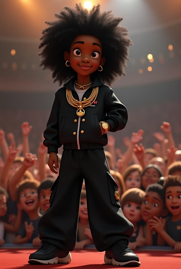 Disney Pixar (YOUNG BLACK MAN WITH LONG, CURLY BLACK HAIR) He is performing in a big show with a big crowd, in a black sports jacket with Wy Strong Sil writing, black wide pants with lots of pockets, black sneakers, many thick gold threads around the neck, gold watch on wrist, ( It doesn't change the appearance of the face and the hair is already perfect) pixar, cool and stylish