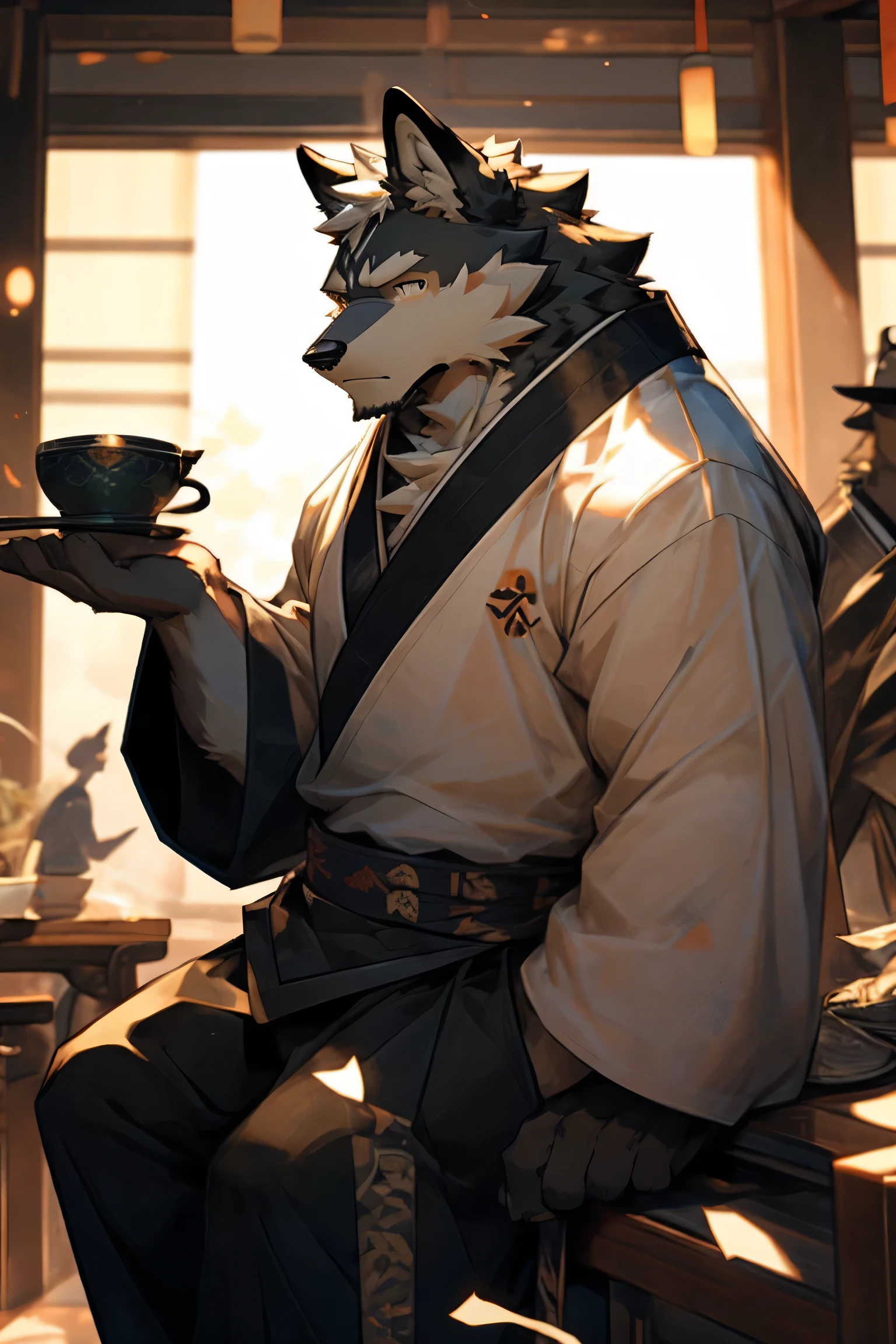 best quality，ultra HD，Male gray wolf［Son：0.6］，Expression laid back［laid back：0.7］，Body［Some robust：0.6］，Wearing Dark green Hanfu［Dark green Hanfu；0.8］，Wearing Black Hanfu trousers［Black Hanfu trousers：0.9］，Holding a teacup in hand，Laid back and sitting in the pavilion