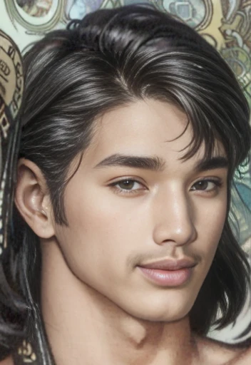 hyperrealistic digital brush painting art by (alphonse mucha:1.3), boy mix face between Iko uwais and jaden Smith as a majapahit prince, age 22, of A muscular white man, wearing harness, bodybuilder, sweaty body, white pale redish skin, clean shaven, black wide big areolas, big pointy puffy nipple, mythology, intricate detail, studio lighting, medium shot, shoulder angles, handsome, masculine, mix race between korean and Arab, closeup portrait, golden ratio face, small smile, mid back length hair, natural scene, landscape countryside, bokeh background, expert, 8k, studio portrait, soft light, rim lighting, photorealistic, cinematic lighting, masterpiece, high details, high quality, Huge nipples,