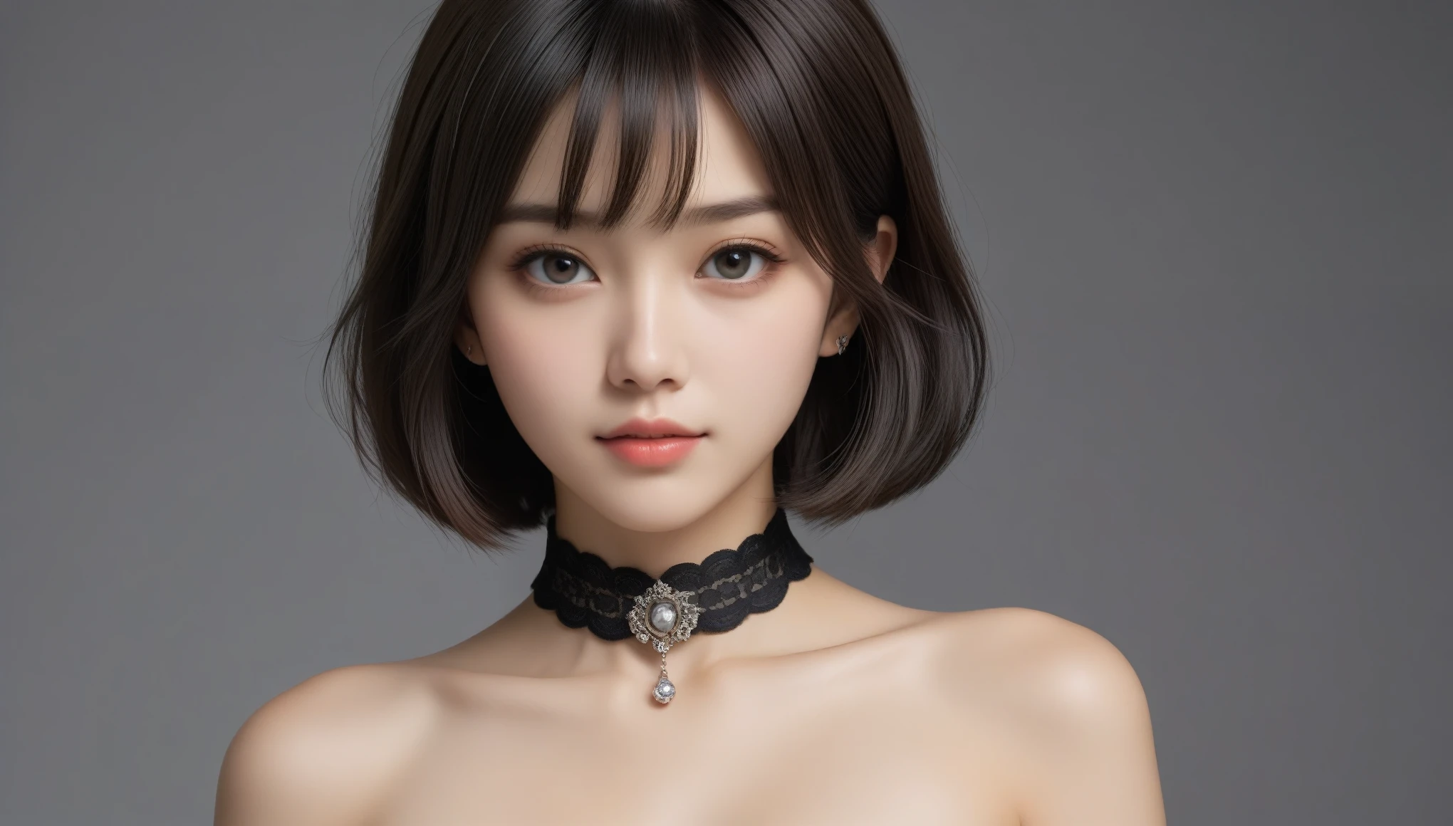 8k, Ultra-high resolution, Highest quality, masterpiece, 三分割法によるphotograph,Surreal, photograph, 1 Girl, (16 years old:1.3), pretty girl, Cute Face, 細部までBeautiful Eyes, 細かくdetailedに,masterpiece,One Girl:1.2,Japanese female announcer,extream close up,smile,Black Hair,Bowl cut(Ultra-realistic) , (figure), (Increase the resolution), (8k), (非常にdetailedな), (best figure), (Beautiful attention to detail), (Highest quality), (非常にdetailedな), (masterpiece), (wallpaper), (detailedな顔), alone,1 girl, Looking at the audience, Subtle details, detailedな顔s, In the Dark, Deep Shadow, Modest,Pure Erotic Face Ace_v1, smile,Attractive girl、16 years old、(Perfect female body:1.4)、(女の子のポートレートphotograph:1.4)、(Photorealistic images:1.4),Fantasy art,(Beautiful Face:1.4),Beautiful and attractive eyes、Beautiful Eyes、(Tight waist:1.4)、(9 Beautiful girls with perfect body proportions:1.4),Red lips,(choker:1.4),Looking at the audience,(((Ideal body type))),A-cup small breasts :2,、Portraiture:2、Perfect Anatomy、鮮明なdetailed、detailed,Fashion magazine cover,Thin lips,Gray background ,完璧でBeautiful Face ,完璧でCute Face, Skin with attention to detail, Perfect limbs、Narrow waist,Looking at the audience,(((Ideal body type))),A cup small breasts :2,Portraiture:2,Perfect Anatomy,鮮明なdetailed,detailed,Surreal,Light and shadow,spotlight