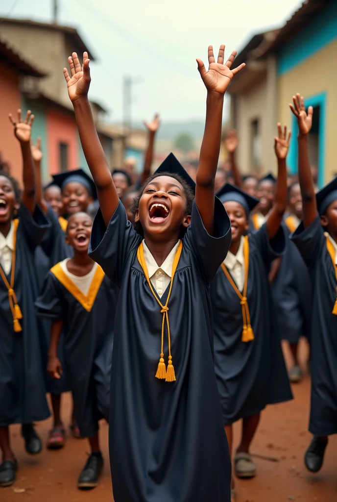 African boys and girls in graduation gown celebrating and smiling in a slum