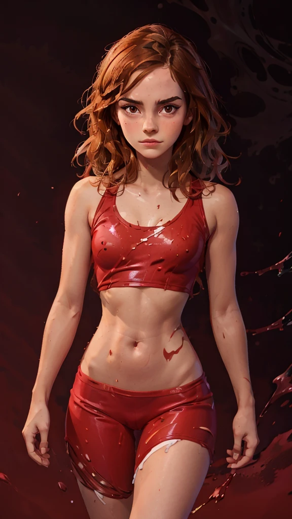 one girl, hermione granger, solo, abs, slender body, (upper body, bust:1.2), brown eyes, brown hair, red clothes, bare shoulders, masterpiece, highly detailed, look at viewer, shiny blured orange background, gradient sprayed background, front view, gradient red purple background, blured background, glowing edges of image, (paint splashes:1.3), abstract, psychodelic