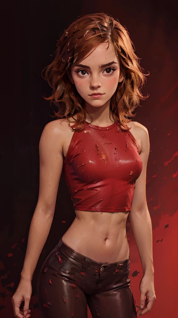 one girl, hermione granger, solo, abs, slender body, (upper body, bust:1.2), brown eyes, brown hair, red clothes, bare shoulders, masterpiece, highly detailed, look at viewer, shiny blured orange background, gradient sprayed background, front view, gradient red purple background, blured background, glowing edges of image, (paint splashes:1.3), abstract, psychodelic
