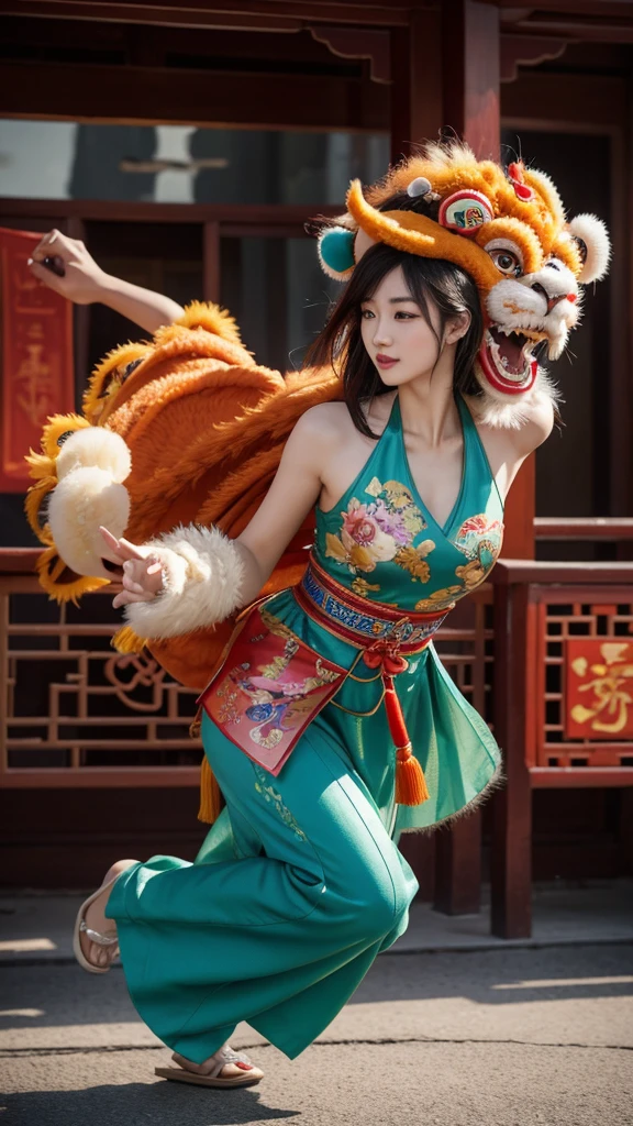 Chinese style,lion dance girl,High-detail hyper-realistic visual effects,daub,Vision,Super fine,Super detailed,high quality,8K,OC rendering,dynamic perspective