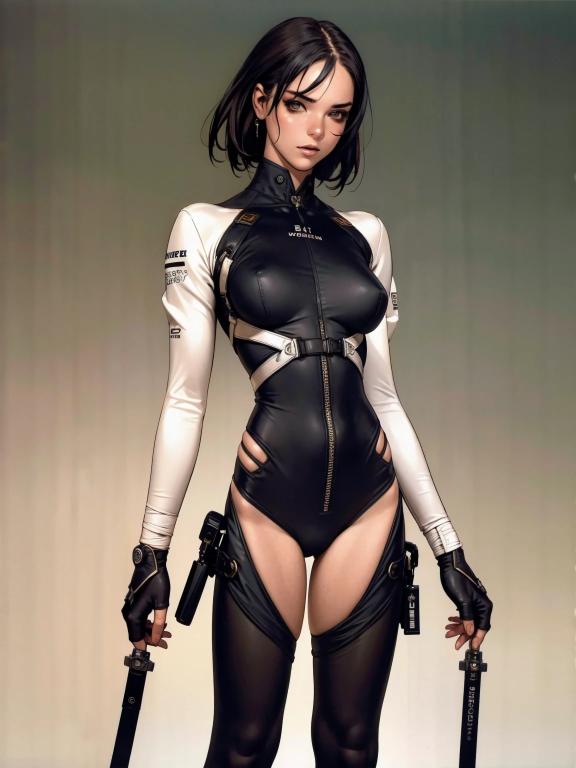 (((Annie Lennox))), ((( nano suit ))), (((bandaged arms))), (((MMA fighter OF THE FUTURE))), ((high collar)), (((Quorra))), (((best qualityer: 1.4))), (Unbeatable masterpiece), (hiper HD),(CG 8k hyper-realistic), (((brave face))), (((breasts big))), (((hyper feminine))), sexly girl,(black bob hair)), ((( sculptural body ))), (((1 Kizi))), Kizi cibernética de 25 anos com perfectbody,,Beautiful and well-groomed face,muscular body:1.2,solid color detailed jacket, (Head to thigh photos), Complex equipment, green dark,Long pants,Tight clothes are dark,With white stars and off-white stripes,,,,,Armor Metal Electronic Parts, Poison tattoos ) INFO, Kizi, (((standing alone))), pirralha violent, ((())), sexly, pose de atitude, work of art, post-apocalypse, (((manga style))), bounty hunter, violent, Manic, the way you want, slenderbody, thin but strong, perfectbody, roupa moderna, advanced technology, neon, sleeves with vertical striped pattern, neutral background, (( cowboy shot )). intricate visual