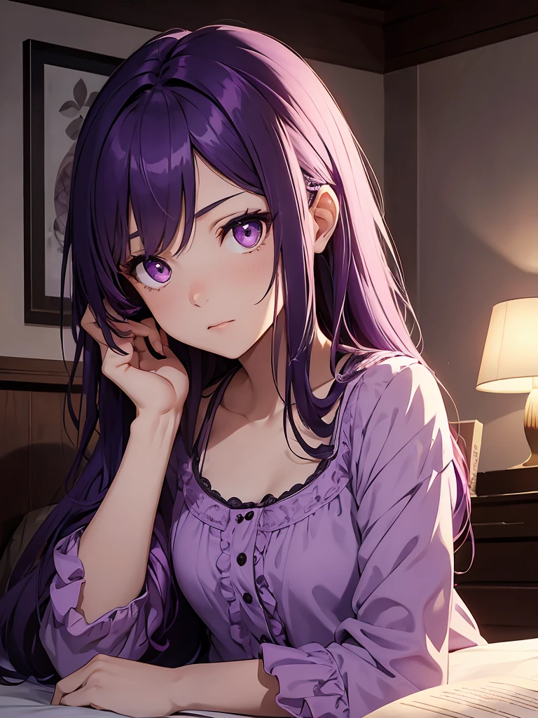 Girl 1, bright purple eyes, purple hair, side parted hairstyle, nightgown, inside her room, laying her head on the desk, dim lighting, dramatic scene, at night, best quality, high detail, very detailed, high quality background