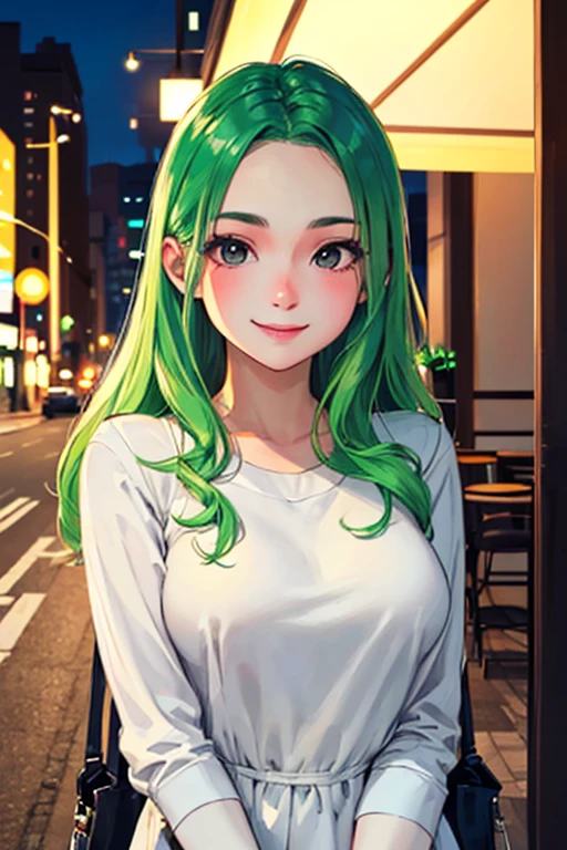((masterpiece)), (((best quality))), chromatic lighting,
colorized, green + white limited color palette,
detailed concept drawing,
Street Fashion, at a hotel,
portrait, 20yo 1girl, medium soft breasts, slender, long green hair, black eyes, smiling, no weird objects or colors on the face