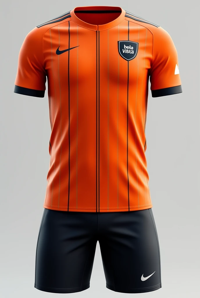 Custom soccer uniform primary color orange, navy blue vertical thin stripes, black shorts and shield on the left side of the chest with the word bela vista written on it
