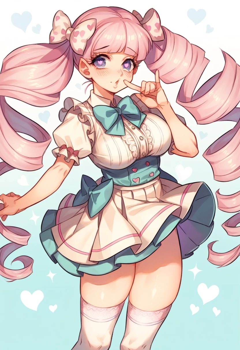 Cute, girl, pastel long lavender hair, curly twintails, purple eyes, heart shaped pupils, big breasts, hourglass finger, slender, ruffle pastel bow blouse, Skirt-Knee-length, pastel, pleated with floral patterns, white lacy stockings,