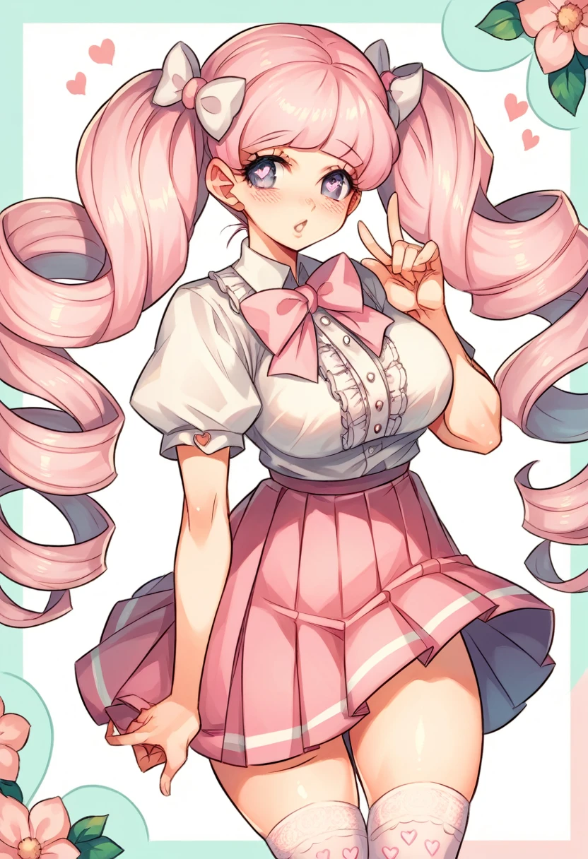 Cute, girl, pastel long lavender hair, curly twintails, purple eyes, heart shaped pupils, big breasts, hourglass finger, slender, ruffle pastel bow blouse, Skirt-Knee-length, pastel, pleated with floral patterns, white lacy stockings,