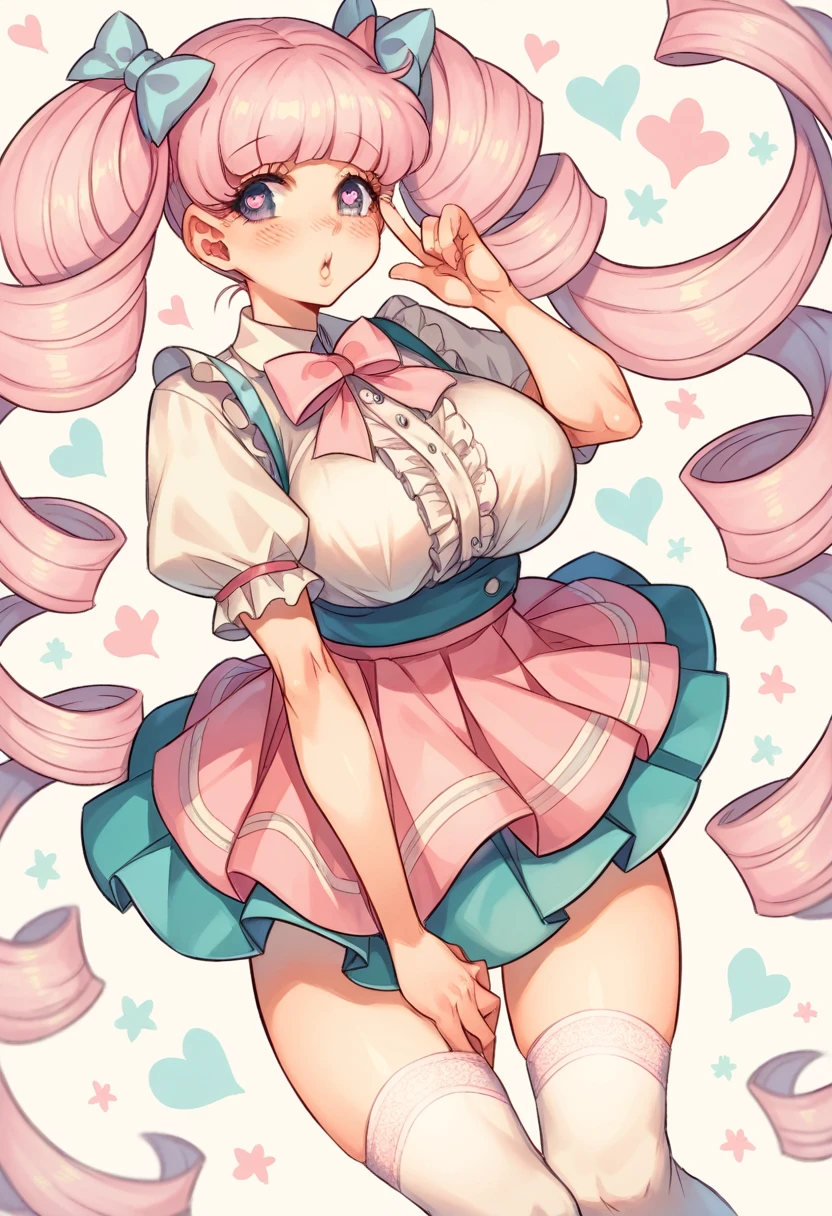 Cute, girl, pastel long lavender hair, curly twintails, purple eyes, heart shaped pupils, big breasts, hourglass finger, slender, ruffle pastel bow blouse, Skirt-Knee-length, pastel, pleated with floral patterns, white lacy stockings,
