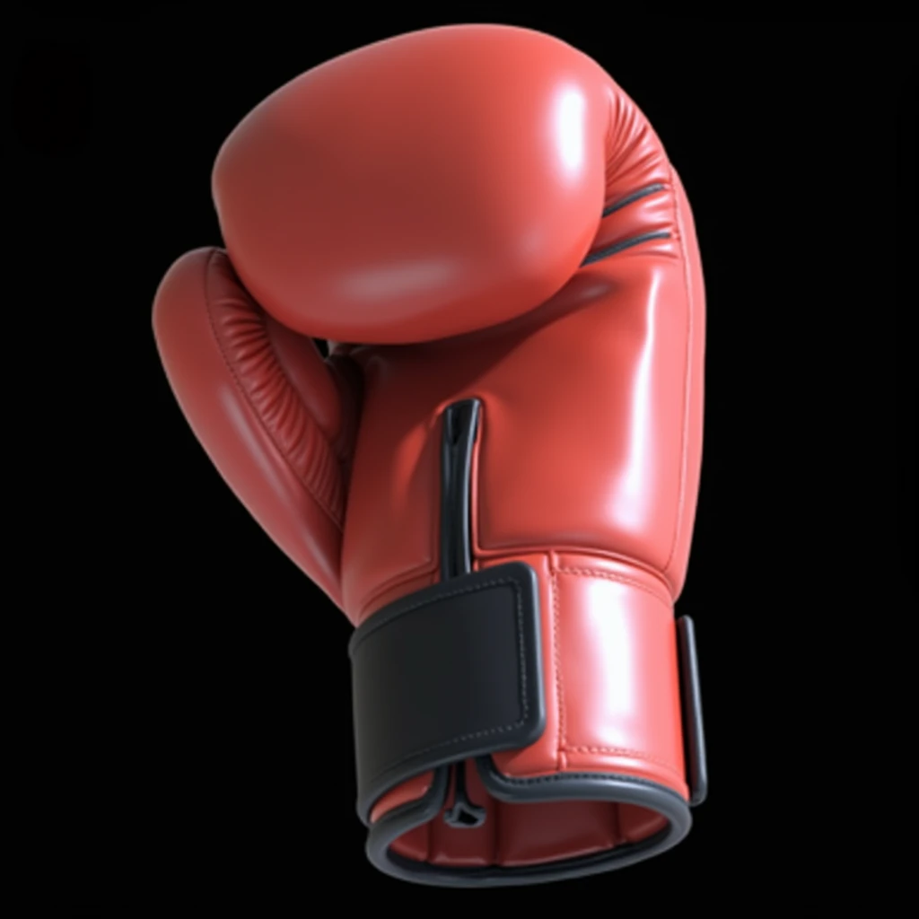 (masterpiece, top quality, best quality, official art,beautiful and aesthetic:1.2),(4k,8k, best quality,masterpiece:1.2),(((Black background))), solo,Game item, red boxing gloves coming towards you, made of leather. The gloves are seen from the front, with a clear and realistic texture, and a correct and detailed structure. It is a modern, realistic representation with consistent lighting that looks natural and believable.