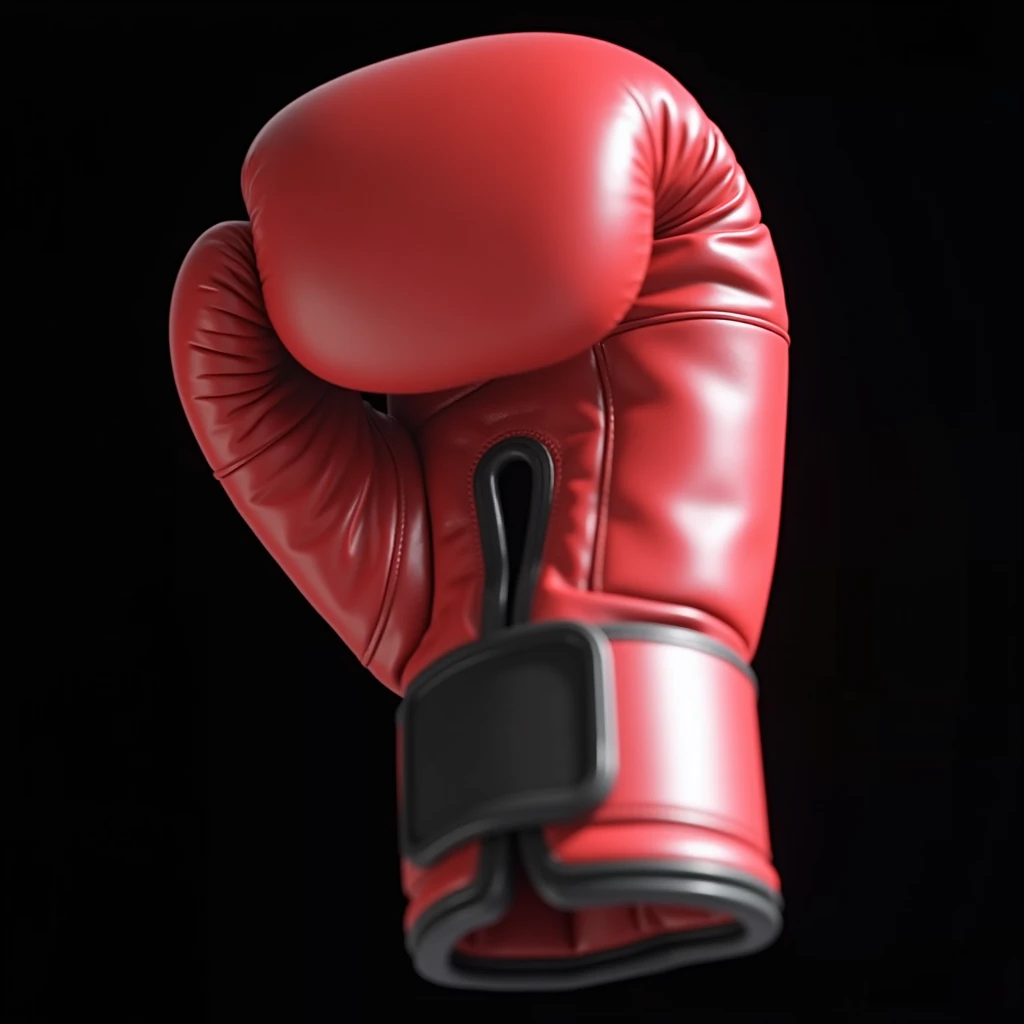 (masterpiece, top quality, best quality, official art,beautiful and aesthetic:1.2),(4k,8k, best quality,masterpiece:1.2),(((Black background))), solo,Game item, red boxing gloves coming towards you, made of leather. The gloves are seen from the front, with a clear and realistic texture, and a correct and detailed structure. It is a modern, realistic representation with consistent lighting that looks natural and believable.