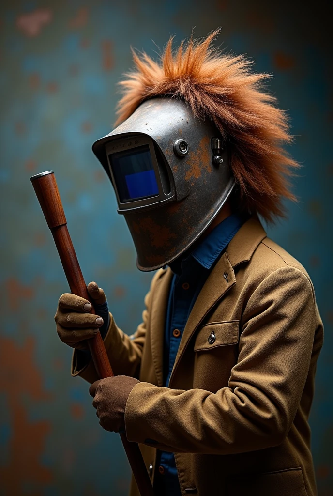 a welding mask with a mane pogo stick for welding advertising   