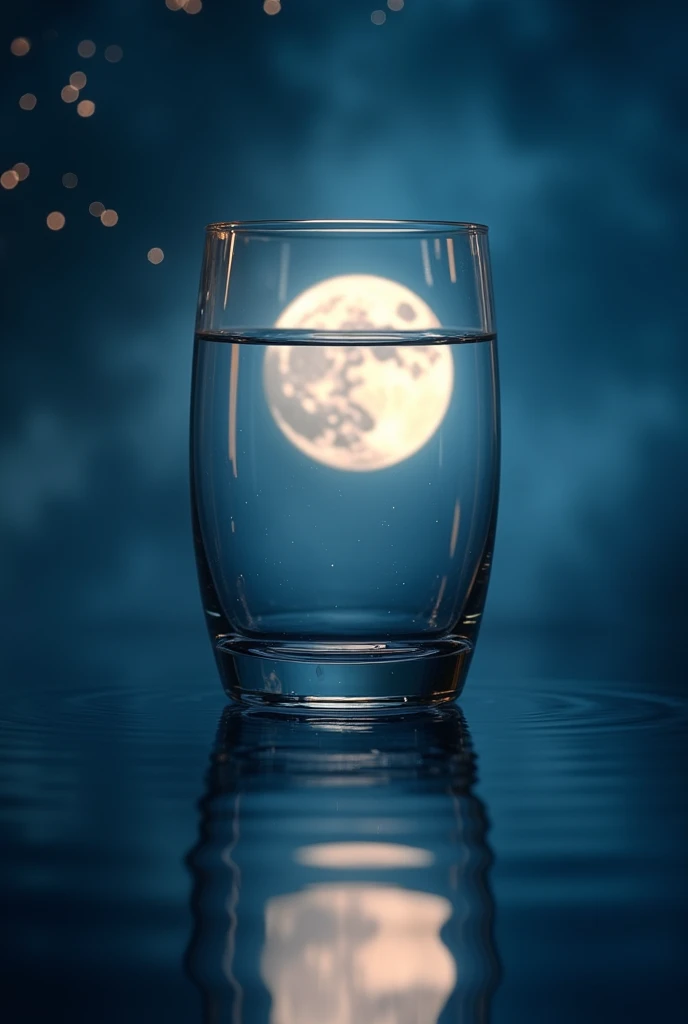 The night moon is visible in the water in a glass