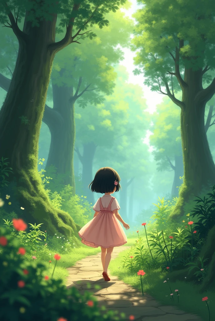 Japanese girl with short hair and pink dress walking in a forest