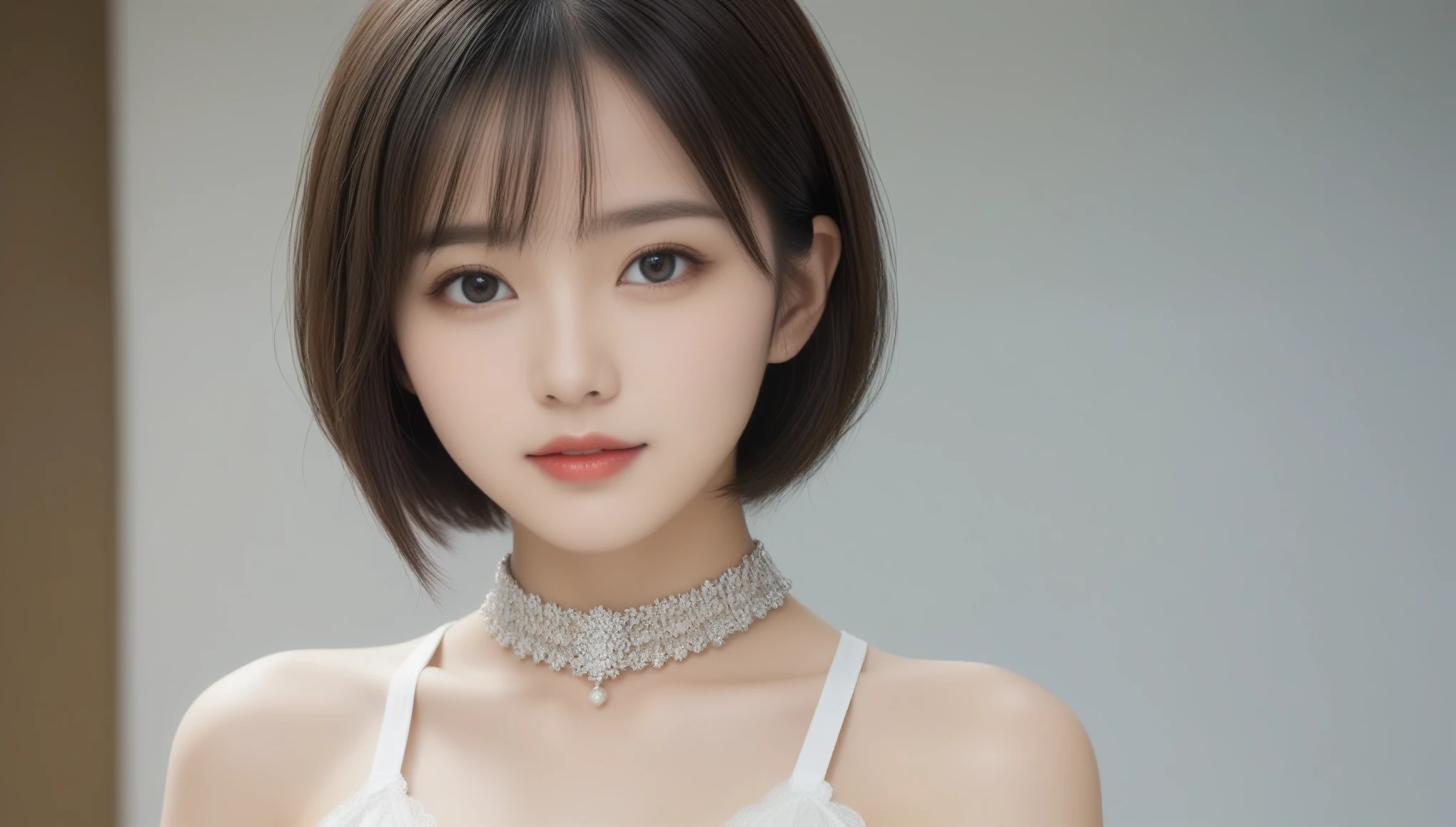 8k, Ultra-high resolution, Highest quality, masterpiece, 三分割法によるphotograph,Surreal, photograph, 1 Girl, (16 years old:1.3), pretty girl, Cute Face, 細部までBeautiful Eyes, 細かくdetailedに,masterpiece,One Girl:1.2,Japanese female announcer,extream close up,smile,Black Hair,Bowl cut(Ultra-realistic) , (figure), (Increase the resolution), (8k), (非常にdetailedな), (best figure), (Beautiful attention to detail), (Highest quality), (非常にdetailedな), (masterpiece),  (wallpaper), (detailedな顔), alone,1 girl, Looking at the audience,  Subtle details, detailedな顔s, In the Dark, Deep Shadow, Modest,Pure Erotic Face Ace_v1, smile,Attractive girl、16 years old、(Perfect female body:1.4)、(女の子のポートレートphotograph:1.4)、(Photorealistic images:1.4),Fantasy art,(Beautiful Face:1.4),Beautiful and attractive eyes、Beautiful Eyes、(Tight waist:1.4)、(9 Beautiful girls with perfect body proportions:1.4),Red lips,(choker:1.4),Looking at the audience,(((Ideal body type))),A-cup small breasts :2,、Portraiture:2、Perfect Anatomy、鮮明なdetailed、detailed,Fashion magazine cover,Thin lips,Gray background ,完璧でBeautiful Face ,完璧でCute Face, Skin with attention to detail, Perfect limbs、Narrow waist,Looking at the audience,(((Ideal body type))),A cup small breasts :2,Portraiture:2,Perfect Anatomy,鮮明なdetailed,detailed,Surreal,Light and shadow,spotlight