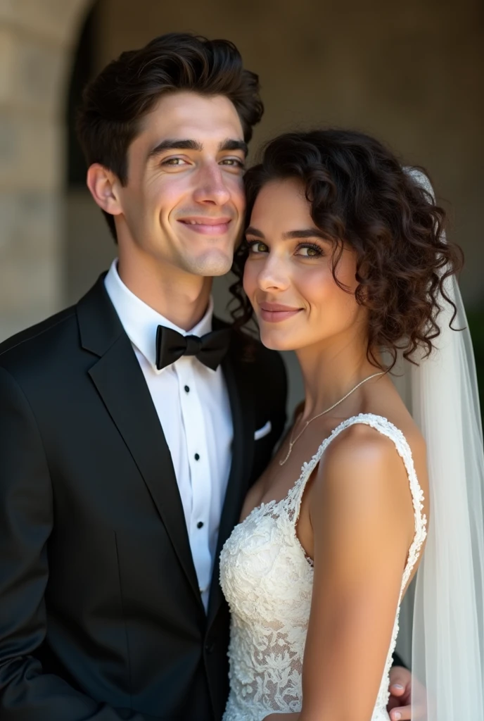a young adult man with very white skin and black hair, with a young curly-haired brunette woman at her wedding