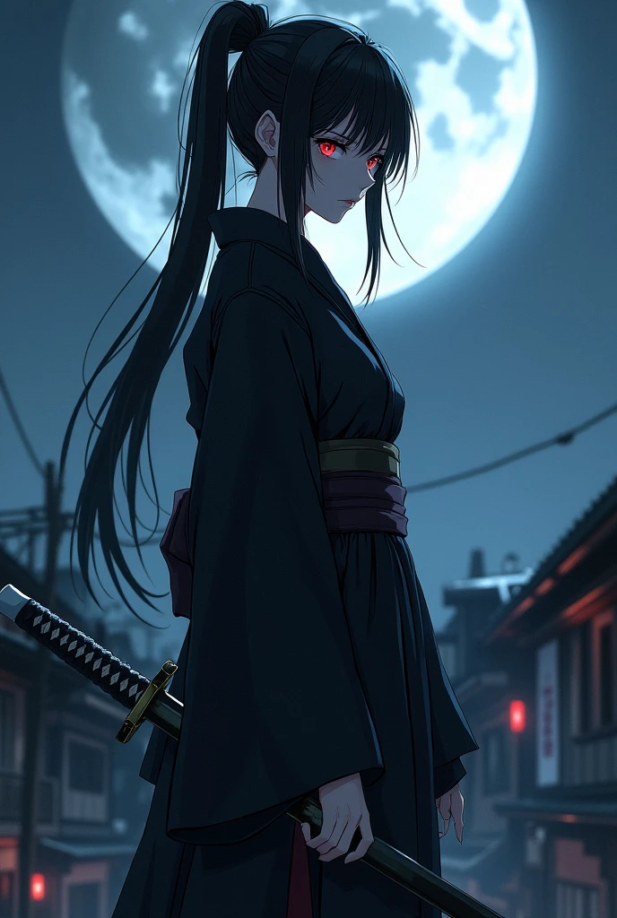 Long Black Hair、Hair tied up、15 years old、woman、kimono、The background is a large crescent moon、On the roof of an old building、Too much exposure、Red eyes、Cold look、profile、Anime Style、Wearing a black haori、Belt around the waist、Holding a sword in both hands、Looking this way