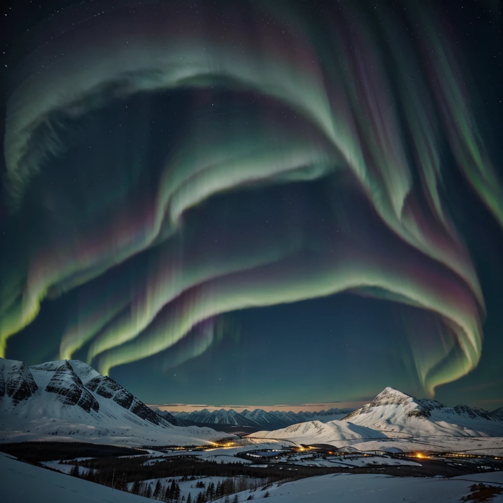 Draw a picture of a mountain at night with northern lights.