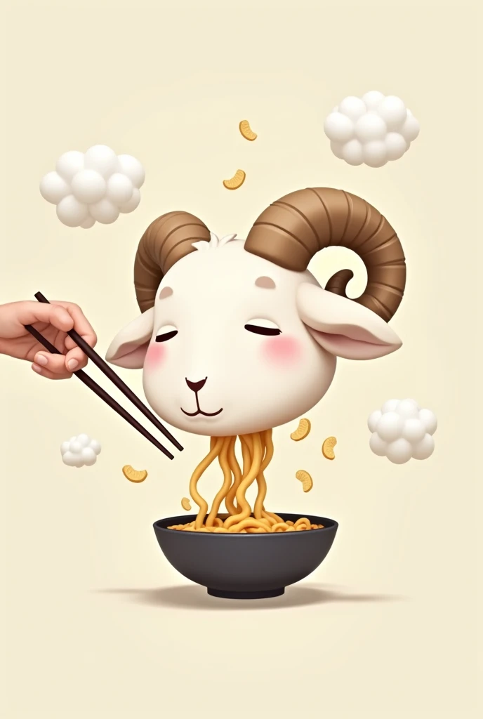 2D cartoon floating head of a disembodied ram, slightly sideways, With horns, with eyes closed, eating ramen, holding the chopsticks with his floating hand