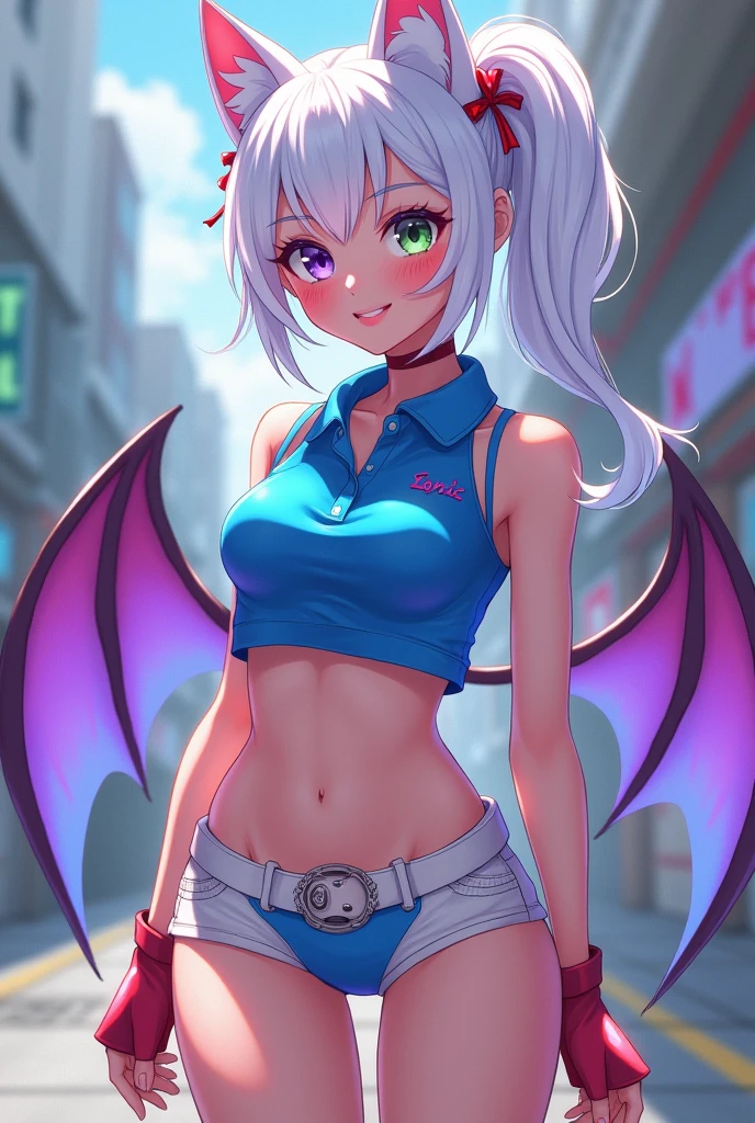 Anime girl  with adorable little ears on her head Sonic the hedgehog style and small bat wings style the bat girl from the Sonic series very beautiful and small with a good body tight short shiny blue polo shirt that shows her belly and long straps that show her breasts a little and beautiful fire red high heel boots and shiny white hair and skin and her hair length is down to her back and her eyes are bright and beautiful one purple and the other green and with accessories on her head and on her high heeled boots and short and tight shorts to her legs almost white with a touch of bright and striking light blue.