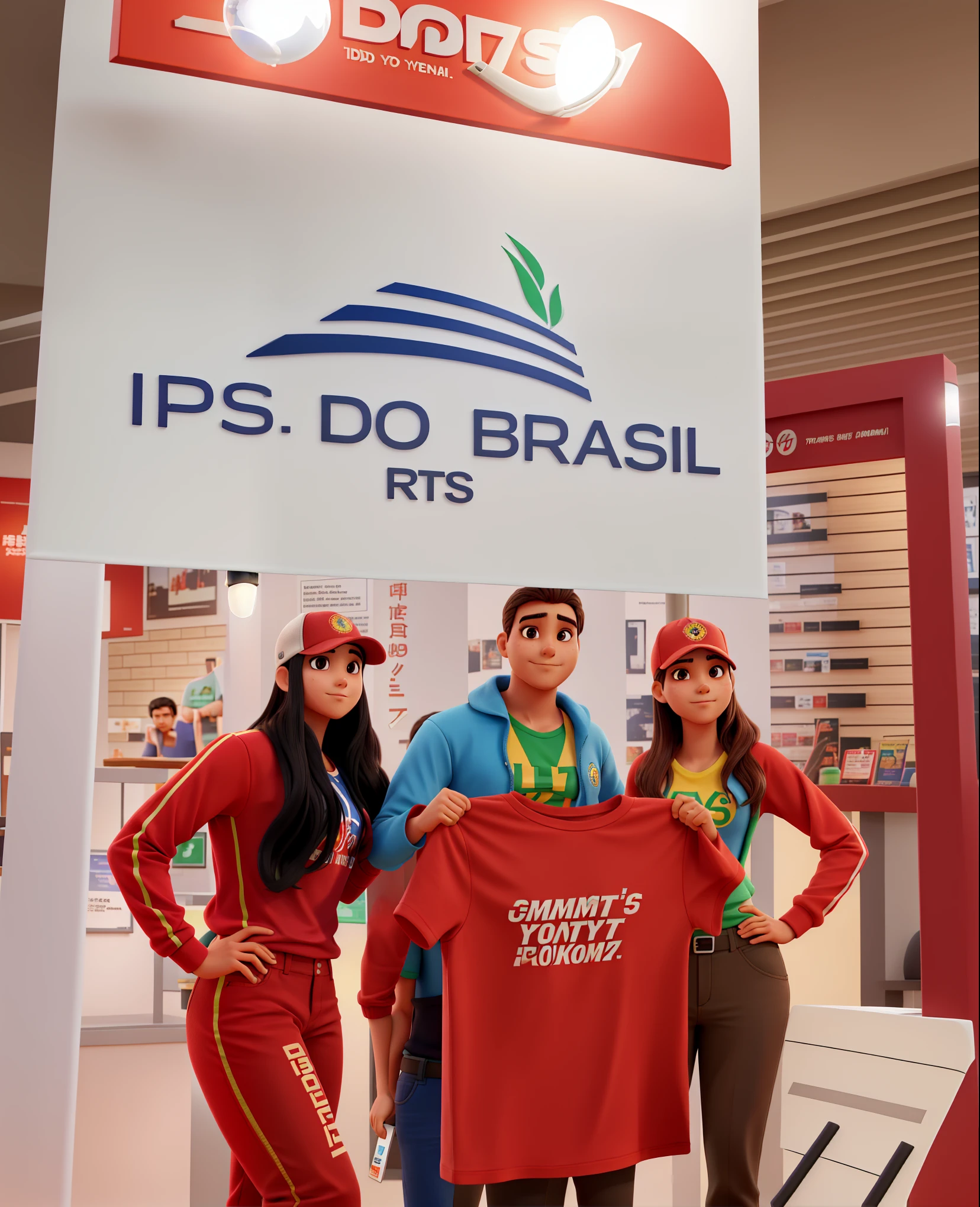 Two women and a man standing in front of a sign reading "IPS DO BRASIL", and the t-shirt the man is holding says "yokomitsu" illuminated by the light of a lamp, against the backdrop of a sample gallery