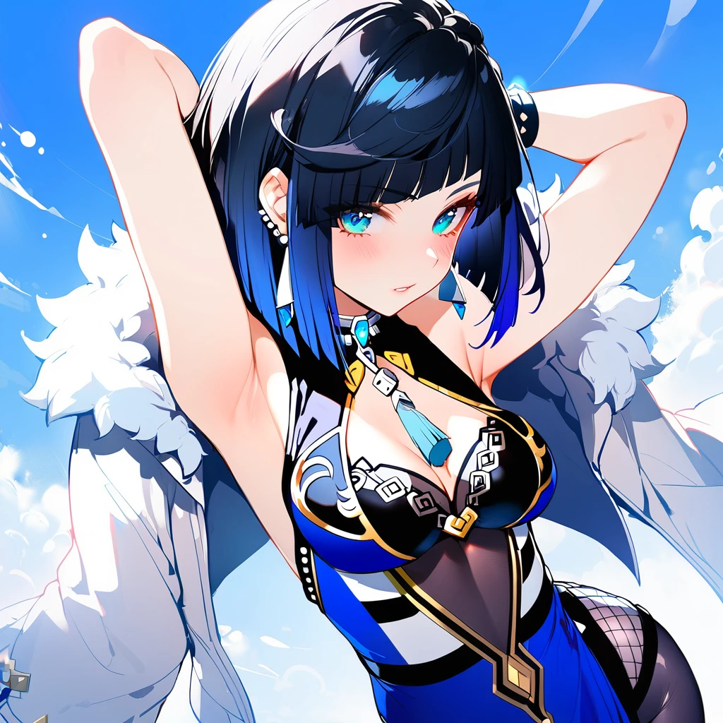 (1girl:1.3), (yelan genshin impact:1.2), (standing:1.1), (arms up:1.0), (tights from chest to toe:1.3), (narrow waist:1.2), (bare shoulders:1.1), (black hair:1.2), (blue eyes:1.2), (blush:1.0), (small breasts:1.0), (open coat:1.1), (white coat:1.0), (blue sky background:1.0)