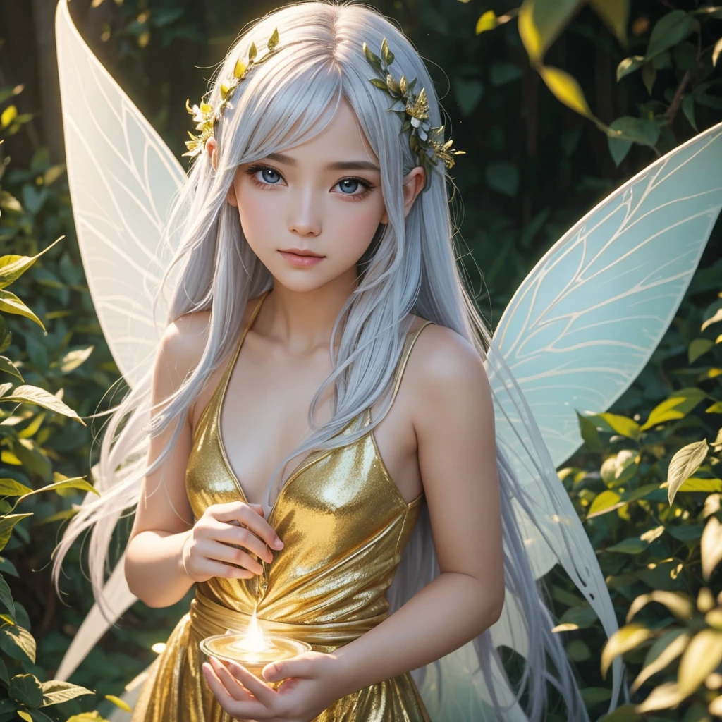 “Create an extreme close-up portrait of a Luminous Fairy with a gender-neutral appearance. The fairy should have flowing gold or white hair and eyes that radiate a warm, bright light. Ensure that the small wings are minimally visible to maintain focus on the fairy’s face. The background should be heavily blurred to highlight the fairy’s facial features. Enhance the image with golden light and a shimmering effect to emphasize the radiant and divine nature of the fairy. The expression should be inviting, warm, and filled with gentle light.”