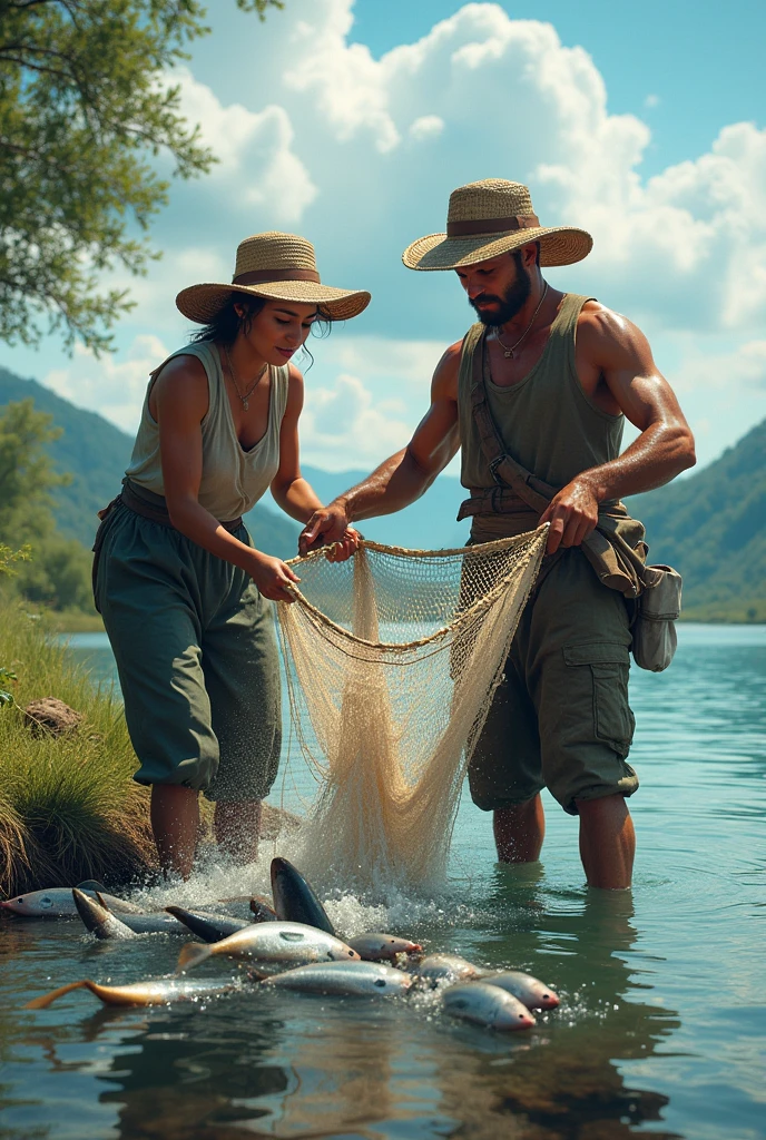 A man and women catch fish in the net