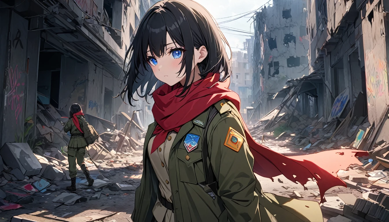 **232. One person。A ruined city and a female rebel warrior。Devastation＋restive。Cowboy shot or close up。 masterpiece, Highest quality, Super detailed (Detailed fingers), (Emotional), (Breathtakingly beautiful), (main part: 1.2 Whole body。), (Anime Style), (Very detailed), (restiveな), (超High resolution, High resolution), (8k), (High resolution: 1.2), (Complex and beautiful: 1.2)** - background: Abandoned Slum Scene、Wall covered with graffiti。 - character: Female soldier in tattered jacket and military boots。 -pose: Holding a bat in the ruins、Look straight ahead。 -Performance: 鋭い目つきとrestiveな表情、Makes you feel determined。 - effect: Smoke is leaking from the destroyed building、A fire burning in the distance。 -hue: Dark tones、Contrast with the neon lights that glow in some areas。Girl with black hair shortcut、blue eyes、Olive green Boy Scout uniform with red scarf