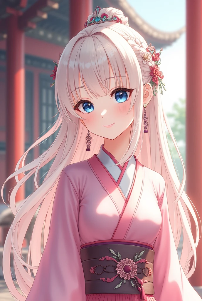 (Highest quality、 8k 、masterpiece、High resolution)、(Chinese Drama、Changgexing、Li Changge、Dililaba)、Tang Dynasty、Changan、1 Female、Beautiful young person、blue eyes、Pretty lips、Hairpin、(Noble Princess)、(Anime Beauty)、(Anime Art)、Smiling and posing happily、Bright atmosphere、Light colored long hair、Light pink Hanfu、古いChanganの街並み、Tang Dynasty Buildings、Tang Dynasty Buildings、Official Art、Detailed CG、
