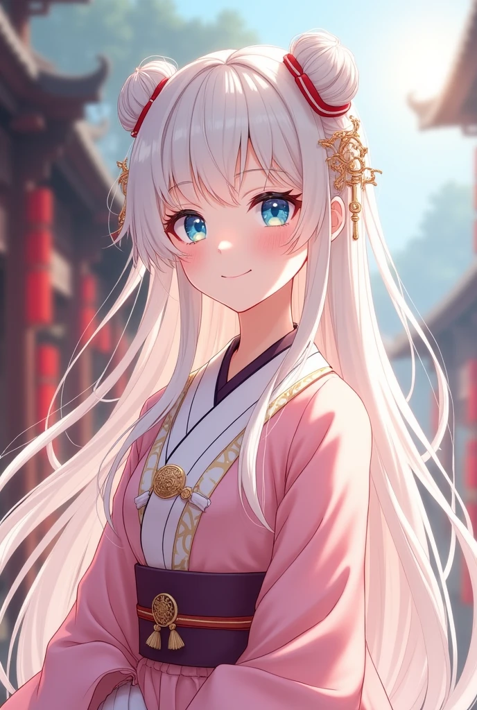 (Highest quality、 8k 、masterpiece、High resolution)、(Chinese Drama、Changgexing、Li Changge、Dililaba)、Tang Dynasty、Changan、1 Female、Beautiful young person、blue eyes、Pretty lips、Hairpin、(Noble Princess)、(Anime Beauty)、(Anime Art)、Smiling and posing happily、Bright atmosphere、Light colored long hair、Light pink Hanfu、古いChanganの街並み、Tang Dynasty Buildings、Tang Dynasty Buildings、Official Art、Detailed CG、