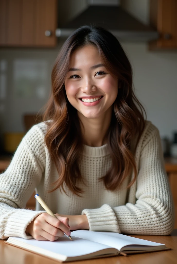 Portrait, photo, a woman writing in a notebook, brown wavy medium length hair, knitted sweater, smiling content expression, indoors kitchen, high resolution, 8k, Center Framing, woman in center, eye level shot, medium shot, front view, Natural lighting, Warm Colors , asian face