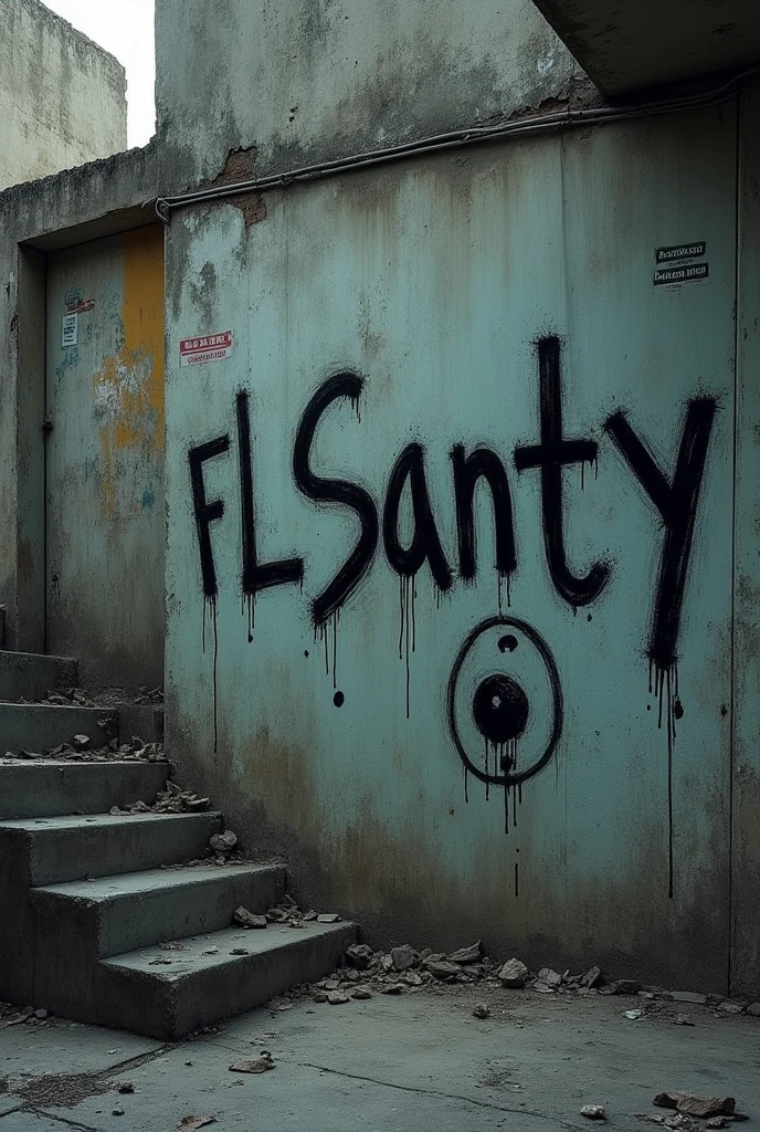 Graffiti written on wall " FLSanty " dark depressive cigarro ying yang symbol 