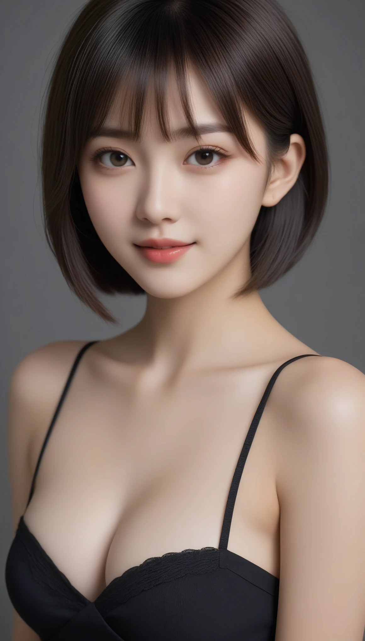 8k, Ultra-high resolution, Highest quality, masterpiece, 三分割法によるphotograph,Surreal, photograph, 1 Girl, (:1.3), pretty girl, Cute Face, 細部までBeautiful Eyes, 細かくdetailedに,masterpiece,One Girl:1.2,Japanese female announcer,close up,smile,Black Hair,Bowl cut(Ultra-realistic) , (figure), (Increase the resolution), (8k), (非常にdetailedな), (best figure), (Beautiful attention to detail), (Highest quality), (非常にdetailedな), (masterpiece), (wallpaper), (detailedな顔), alone,1 girl, Looking at the audience, Subtle details, detailedな顔s, In the Dark, Deep Shadow, Modest,Pure Erotic Face Ace_v1, smile,Attractive girl、16 years oldmale body:1.4)、(女の子のポートレートphotograph:1.4Photorealistic images:1.4),Fantasy art,(Beautiful Face:1.4),Beautiful and attractive eyes、Beautiful Eyes、(Tight waist:1.4)、(9 Beautiful girls with perfect body proportions:1.4),Red lips,(choker:1.4),Looking at the audience,(((Ideal body type))),A-cup small breasts :2,、Portraiture:2、Perfect Anatomy、鮮明なdetailed、detailed,Fashion magazine cover,Thin lips,Gray background ,完璧でBeautiful Face ,完璧でCute Face, Skin with attention to detail, Perfect limbs、Narrow waist,Looking at the audience,(((Ideal body type))),A cup small breasts :2,Portraiture:2,Perfect Anatomy,鮮明なdetailed,detailed,Surreal,Light and shadow,spotlight
