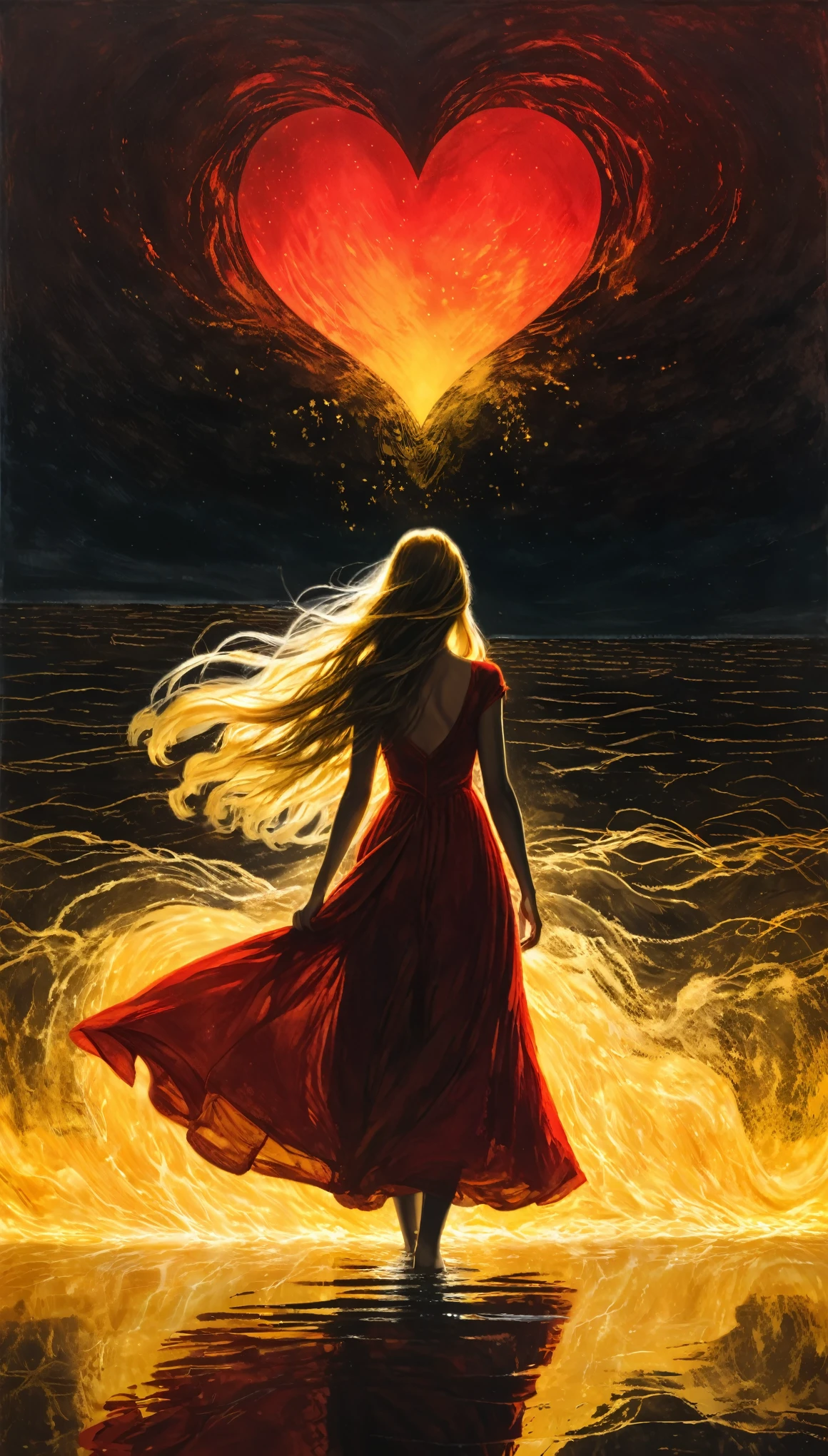 in style of Albert Pinkham Ryder,in style of Bruce Nauman,
character concept design,1girl,half body,incredibly long hair,red light painting,time-lapse photography,{diffuse gradient:1.3},{colorful heart:1.2},golden dress,(gravure_pose:1.8),night,reflection,water surface