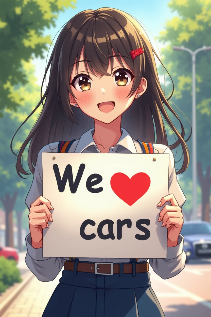 a beautiful and lovely woman holding a sign "We love cars", happiness, happy, anime illustration, realistic, painting