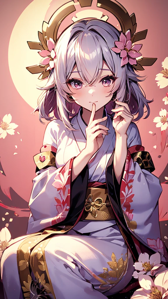 Cute Woman　Japanese style　Golden kimono　Bob Hair　Silver Hair　Gorgeous large flower hair ornament　Golden halo　Big eyes　Pink flowers background