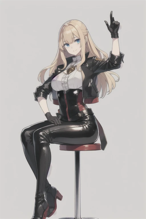 kongo \(warship girls r\),((masterpiece)),(((best quality))),((ultra-detailed)),((illustration)),((disheveled hair)),((frills)),(1 girl),(solo),black leather rider jacket, Fingertips of black leather gloves on both hands, wearing black leather gloves, sitting in a black leather chair、 Japanese female new employee (black leather gloves cover both hands) (The angle is horizontal)、black leather leather pants, black leather black leather pants, black leather skinny pants、Long black leather boots on both feet、 ((He wears black leather gloves on his hands))Full body photo, full body shot full body full body leather suit, ☺If you turn in this direction。wearing black leather gloves, wearing black leather gloves, wearing black leather gloves, wearing black leather gloves, wearing black leather gloves, wearing black leather gloves, Blue eyes with highlights, Blonde longhair(delicate eyes)