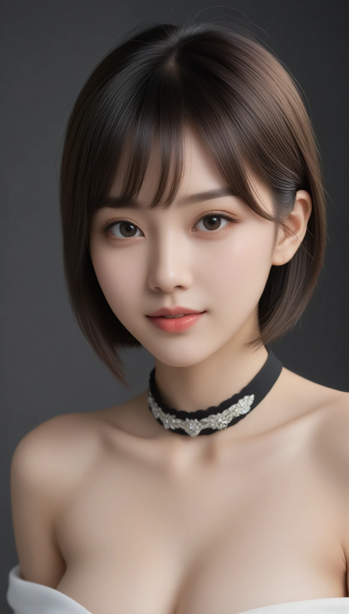 8k, Ultra-high resolution, Highest quality, masterpiece, 三分割法によるphotograph,Surreal, photograph, 1 Girl, (16 years old:1.3), pretty girl, Cute Face, 細部までBeautiful Eyes, 細かくdetailedに,masterpiece,One Girl:1.2,Japanese female announcer,close up,smile,Black Hair,Bowl cut(Ultra-realistic) , (figure), (Increase the resolution), (8k), (非常にdetailedな), (best figure), (Beautiful attention to detail), (Highest quality), (非常にdetailedな), (masterpiece), (wallpaper), (detailedな顔), alone,1 girl, Looking at the audience, Subtle details, detailedな顔s, In the Dark, Deep Shadow, Modest,Pure Erotic Face Ace_v1, smile,Attractive girl、16 years old、(Perfect female body:1.4)、(女の子のポートレートphotograph:1.4)、(Photorealistic images:1.4),Fantasy art,(Beautiful Face:1.4),Beautiful and attractive eyes、Beautiful Eyes、(Tight waist:1.4)、(9 Beautiful girls with perfect body proportions:1.4),Red lips,(choker:1.4),Looking at the audience,(((Ideal body type))),A-cup small breasts :2,、Portraiture:2、Perfect Anatomy、鮮明なdetailed、detailed,Fashion magazine cover,Thin lips,Gray background ,完璧でBeautiful Face ,完璧でCute Face, Skin with attention to detail, Perfect limbs、Narrow waist,Looking at the audience,(((Ideal body type))),A cup small breasts :2,Portraiture:2,Perfect Anatomy,鮮明なdetailed,detailed,Surreal,Light and shadow,spotlight