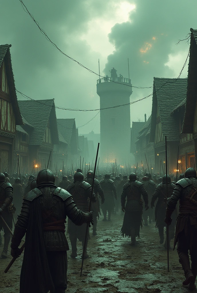 An army of zombie knights and skeletons attacking a village